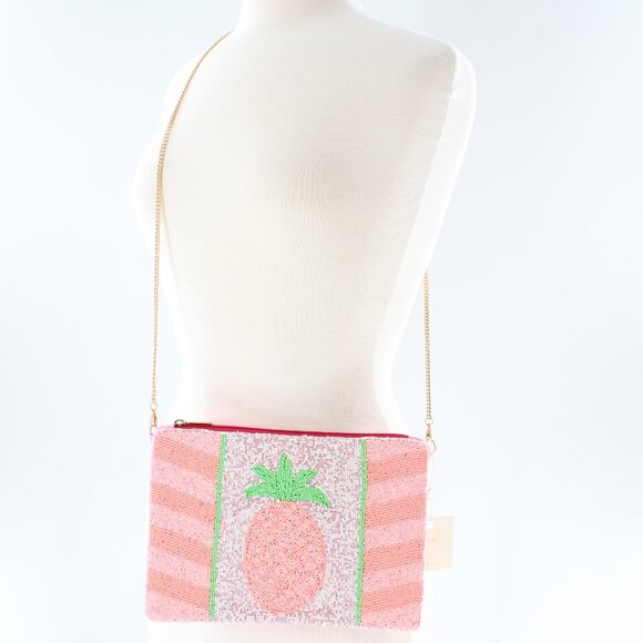 FREE EARRINGS - KAYLEE Peach/Pink Pineapple Beaded Zip Tp Clutch Crossbody NWT - Picture 6 of 6